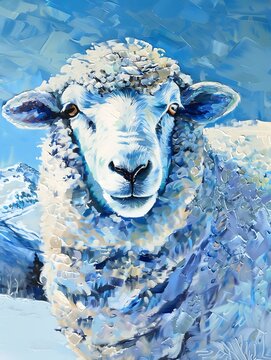 sheep in icy mountain oil painting blue theme colors  wall art
