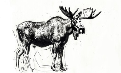 pen and ink sketch, moose with antlers, white background 