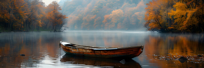 lake in the morning,
Rowing Boat in a Peaceful Lake Surrounded