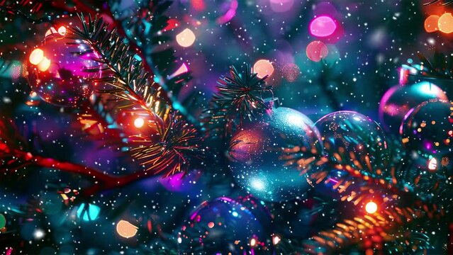 Glass balls with Christmas tree branches. Falling snowflakes. Сhristmas atmosphere. Noel. Christmas tree. Looped snow. Generative AI.