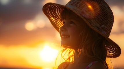 Girl in Straw Hat Watching Sunset, To convey a sense of playful joy and whimsicality, capturing the essence of childhood and the beauty of nature - obrazy, fototapety, plakaty