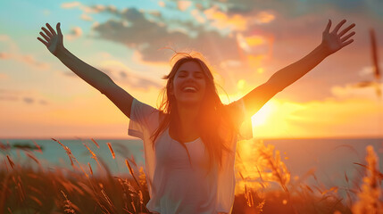 Fototapeta na wymiar Healthy woman celebrating during a beautiful sunset. Happy and Free. 
