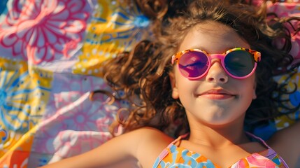 Little Girl in Pink Sunglasses Resting on Beach, To provide a visually appealing and relevant image for summer, vacation, or relaxation themed - obrazy, fototapety, plakaty