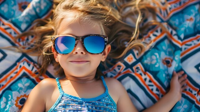 Girl Relaxing on Blanket with Sunglasses, To convey a sense of relaxation and fun during summertime
