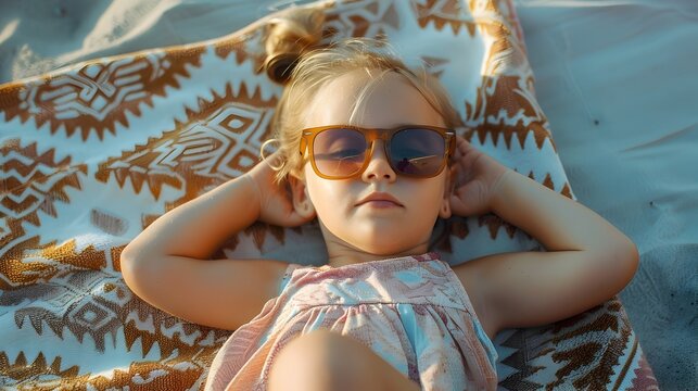 Girl Wearing Sunglasses on the Beach in Stylish Fabric Combination, To showcase a trendy and unique style for children at the beach, promoting fun