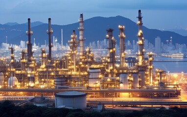 Fototapeta premium Gas turbine electrical power plant with in Twilight power for factory energy concept. Generative AI.