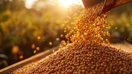 A close view of a field with a mound of harvested soybean grains and freshly gathered soybean seeds dropping from a tractor against a blurry sunny backdrop, Generative AI. - obrazy, fototapety, plakaty
