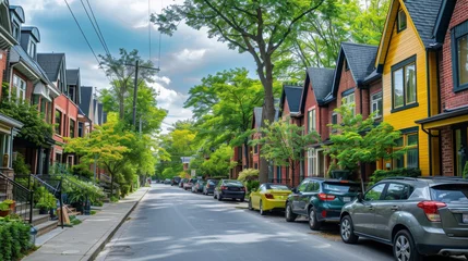  A treelined street flanked by tall and narrow townhouses each with a unique color and style. © Justlight