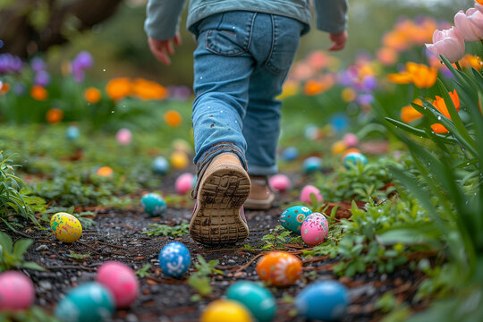 photo of a boy walking through park filled with easter eggs