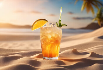 Tropical cocktail on sandy beach at sunset with palm trees in background.
