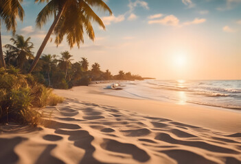 Tropical beach at sunset with palm trees and golden sand.