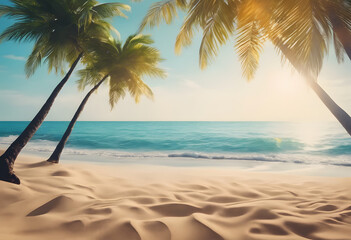 Tropical beach paradise with golden sand, palm trees, and turquoise ocean at sunset.