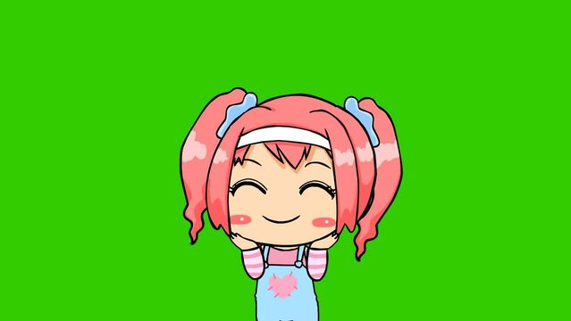 Shy animation cute girl on green screen