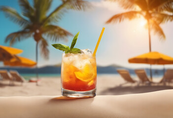 Tropical cocktail on beach bar with sun loungers and umbrellas in background, summer vacation...