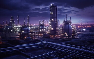Fototapeta na wymiar the industrial refinery bathed in twilight, where oil and gas operations continue seamlessly. The intricate network of pipelines and steel structures forms the backbone of the refinery.