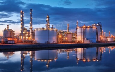 Obraz premium the industrial refinery bathed in twilight, where oil and gas operations continue seamlessly. The intricate network of pipelines and steel structures forms the backbone of the refinery.