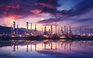 the industrial refinery bathed in twilight, where oil and gas operations continue seamlessly. The intricate network of pipelines and steel structures forms the backbone of the refinery. - obrazy, fototapety, plakaty