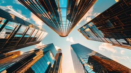 Low angle view of skyscrapers. Skyscrapers at blue sky looking up perspective. Bottom view of modern skyscrapers in business district in evening light at sunset. Generative Ai - obrazy, fototapety, plakaty