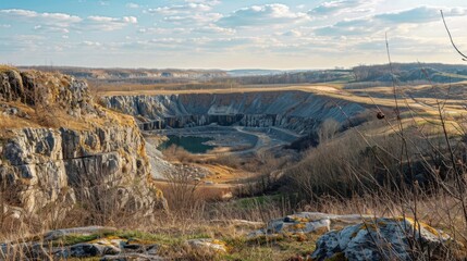 From a distance the quarry appears as a monumental scar on the landscape a testament to both human ingenuity and our unquenchable thirst for natural resources. - obrazy, fototapety, plakaty