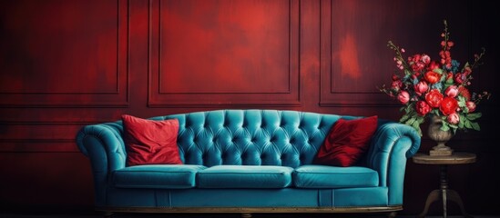 Obraz premium Vintage red sofa in a room with blue decor