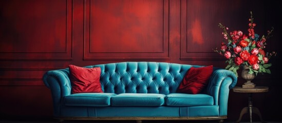 Vintage red sofa in a room with blue decor