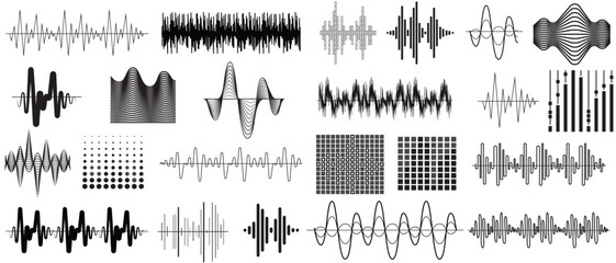 Sound wave set. Sound waves, Equalizer, Audio waves, Radio signal, Music. Recording. Analog and digital audio signal.Vector illustration.