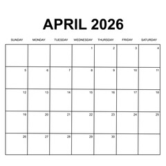april 2026 calendar. week starts on Sunday. printable, simple, and clean calendar vector design. - obrazy, fototapety, plakaty