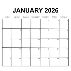 january 2026. monthly calendar design. week starts on sunday. printable, simple, and clean vector design isolated on white background.