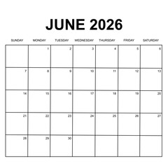 june 2026 calendar. week starts on Sunday. printable, simple, and clean calendar vector design.
