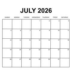 july 2026 calendar. week starts on Sunday. printable, simple, and clean calendar vector design.