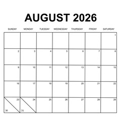 august 2026 calendar. week starts on Sunday. printable, simple, and clean calendar vector design.