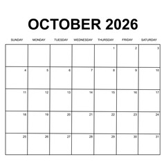 october 2026 calendar. week starts on Sunday. printable, simple, and clean calendar vector design.