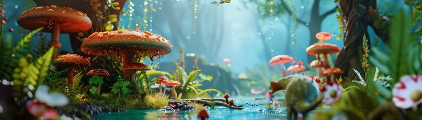 A captivating 3D illustration of a magical forest landscape with oversized mushrooms, vibrant flora, and a tranquil stream.