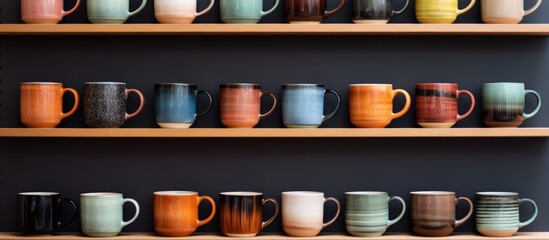 Ceramic cups displayed on a shelf - obrazy, fototapety, plakaty