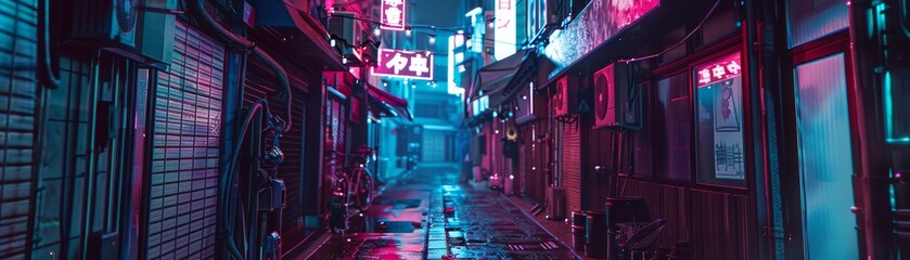 A narrow alleyway bathed in the glow of neon signs and lights, capturing the atmospheric essence of a bustling Asian city at night.