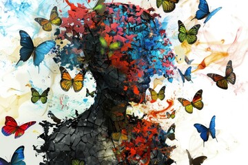 Digital artwork illustration featuring a shattered human sculpture surrounded by colorful butterflies, representing freedom and transformation