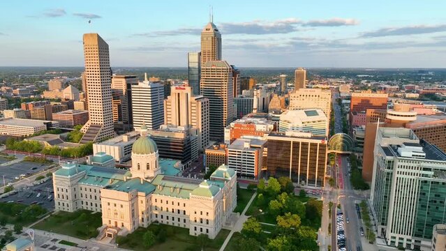 Aerial Golden Hour Over Indianapolis - Indiana Statehouse Tracking Shot