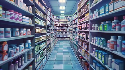 A narrow drugstore aisle with tall shelves filled with prescription boxes on either side, Generative AI.