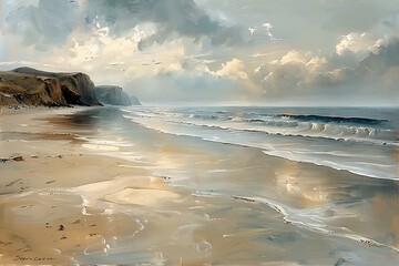 Moody seascape waves on the beach oil painting with strong brush stroke wall art - obrazy, fototapety, plakaty