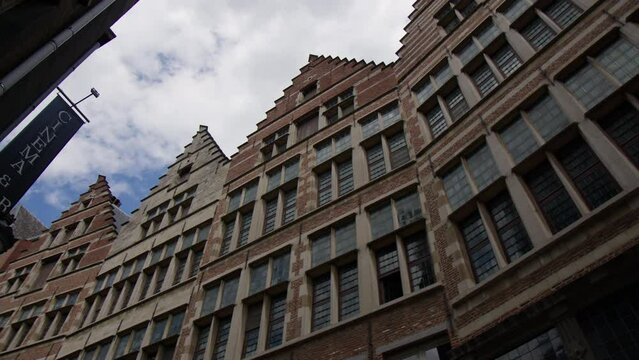 The Aged Structures Lining Kaasstraat (Cheese Street) in Antwerp, Belgium - Low Angle Shot