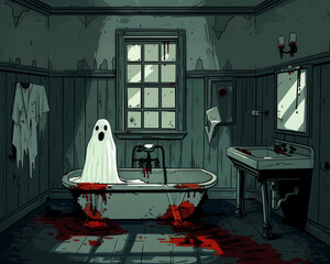 Cartoon horror in a dark bathroom ghosts and blood create a terrifying tale