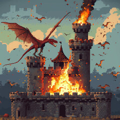 Castle under siege in Drakania Ballista vs pixelated Pteranodon - obrazy, fototapety, plakaty