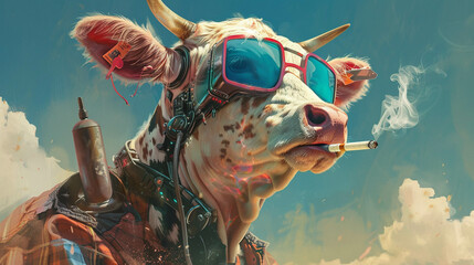 Cyborg cow in sunglasses puffing on cigarettes a futuristic farm rebel - obrazy, fototapety, plakaty