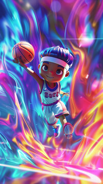 Chibi basketball player in 3D cartoon colorful aura as they enter the zone