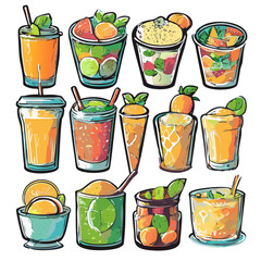 Set flat line icons drinks and foods
