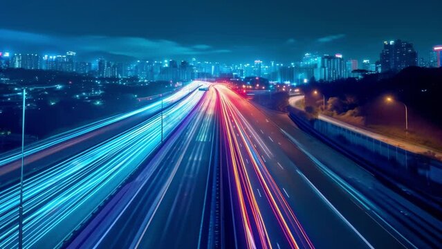 The city lights blur together in a sea of glowing streaks as cars hustle along the highway in a long exposure shot.