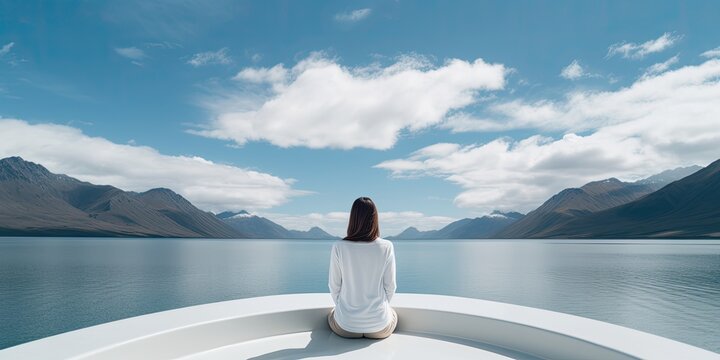 A solitary figure sits perched on a platform, gazing contemplatively at the tranquil expanse of the lake