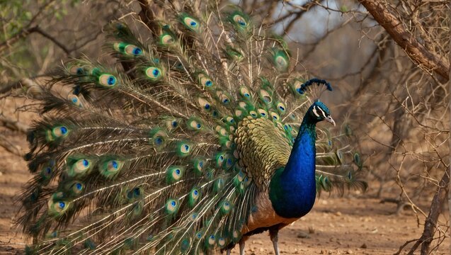 Peacock standing on a tree branch in ranthambore national park, 