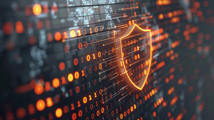 A shield symbol glowing on a dark technology background. shield, symbol, glowing, dark, technology, background, cybersecurity, protection, security, digital, defense, data, network, firewall, privacy,