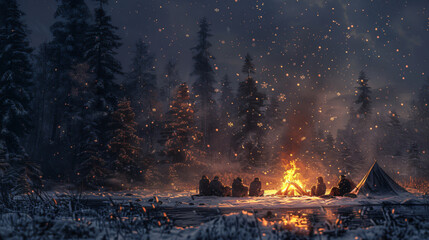 winter camping scene in a forest clearing, with a group of friends gathered around a campfire